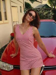 HoloChill Red Plaid Sleeveless Square Neck Mini Dress, Short Woven Fabric, Sexy & Fashionable Summer Dress, Elegant Party Dress, Beach Dress, Wedding Guest Dress, Birthday Dress, Casual Dress - Red - View 2