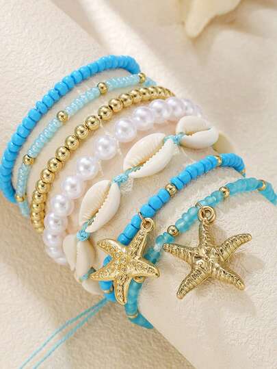波西米亚风海星仿珍珠云母珠串手链 - 可调节多层手链套装，百搭佩戴（珠子形状数量随机）