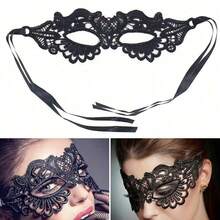 1pc Women's Role Play Eye Mask, Halloween Eye Makeup, Couple Party Masquerade Ball Blindfold Accessory, Eye Mask With Necklace Set - Black - View 5