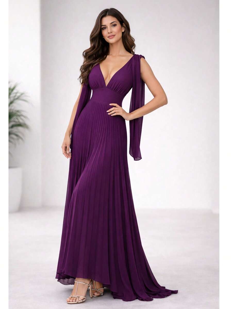 Long Pleated V-Neck Dress, Perfect For Bridesmaids, Weddings, Graduations, And Parties - Purple - View 1