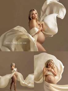 Ivory Chicaboo Silky Maternity Tossing Fabric For Photoshoots | Satin Flying Dress Scarf With Sewn Edge. Extra Long Pregnancy Posing Photography Material | 5 Yards - 象牙色 - 查看 2