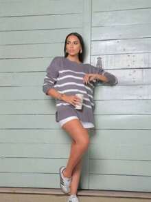 Women's Blouse Sweater Stripes Fashion Knit Winter 2025 Sweaters Striped Cold Basic Moura Knit - Grey - View 3