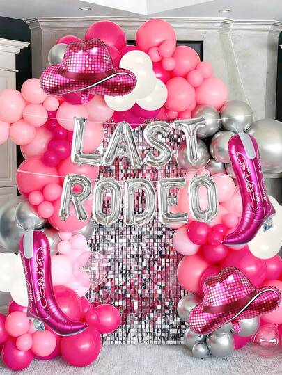 33件套终极牛仔女郎气球套装，包含银色“LAST RODEO”气球横幅、靴子、迪斯科帽铝箔气球以及银色、粉色、白色乳胶气球，适合单身派对、迪斯科西部主题气球装饰、生日派对、新娘送礼会、生日派对用品、LAST RODEO装饰