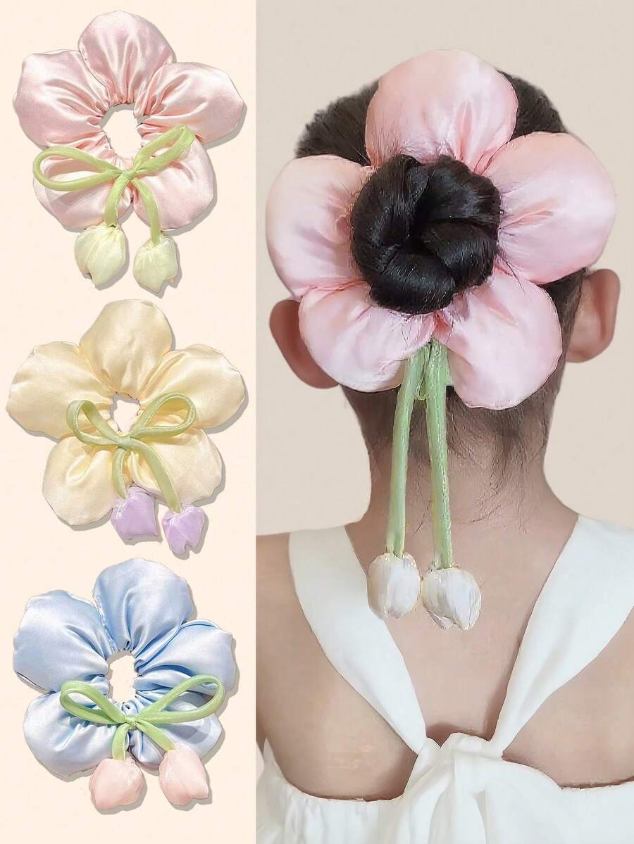 3个郁金香花朵刺绣发圈，女孩丸子头固定发饰，仙女风发绳，适合日常使用，可爱儿童发饰 - 彩色 - 查看 1