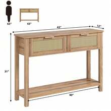 Mesa Consola de Ratán Boho para Entrada con 2 Cajones y 2 Niveles, Mesa de Sofá con Almacenamiento, Mueble de Vestíbulo para Hogar - Roble Caramelo - Ver 2