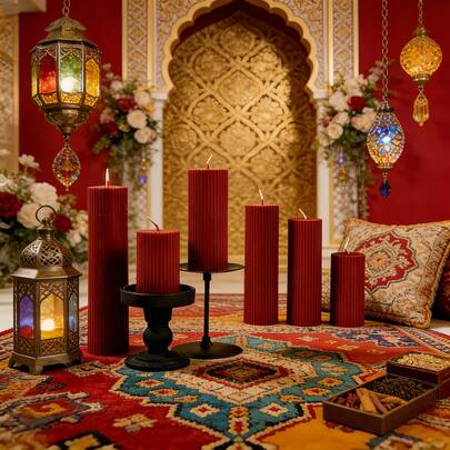 7.87英寸多尺寸复古红条纹柱形蜡烛装饰品——采用天然大豆蜡制成，设计灵感源自齿轮。是婚礼季、母亲节、独立日和其他庆祝活动的理想之选；也完美适用于烛光晚餐、主题餐厅装饰、节日礼品、派对装饰和纪念品。