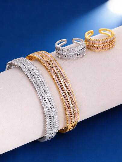 LIGHTSOME 两件套优雅时尚圆形不对称开口可调节手链和戒指，简约镶钻手链和戒指首饰套装，理想的毕业礼物，适合日常佩戴