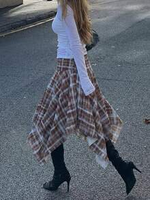 Chân váy chữ A lệch eo cao kẻ caro dành cho nữ, kiểu dáng thường ngày, phong cách retro năng động mùa xuân. - Nhiều màu - Xem 2