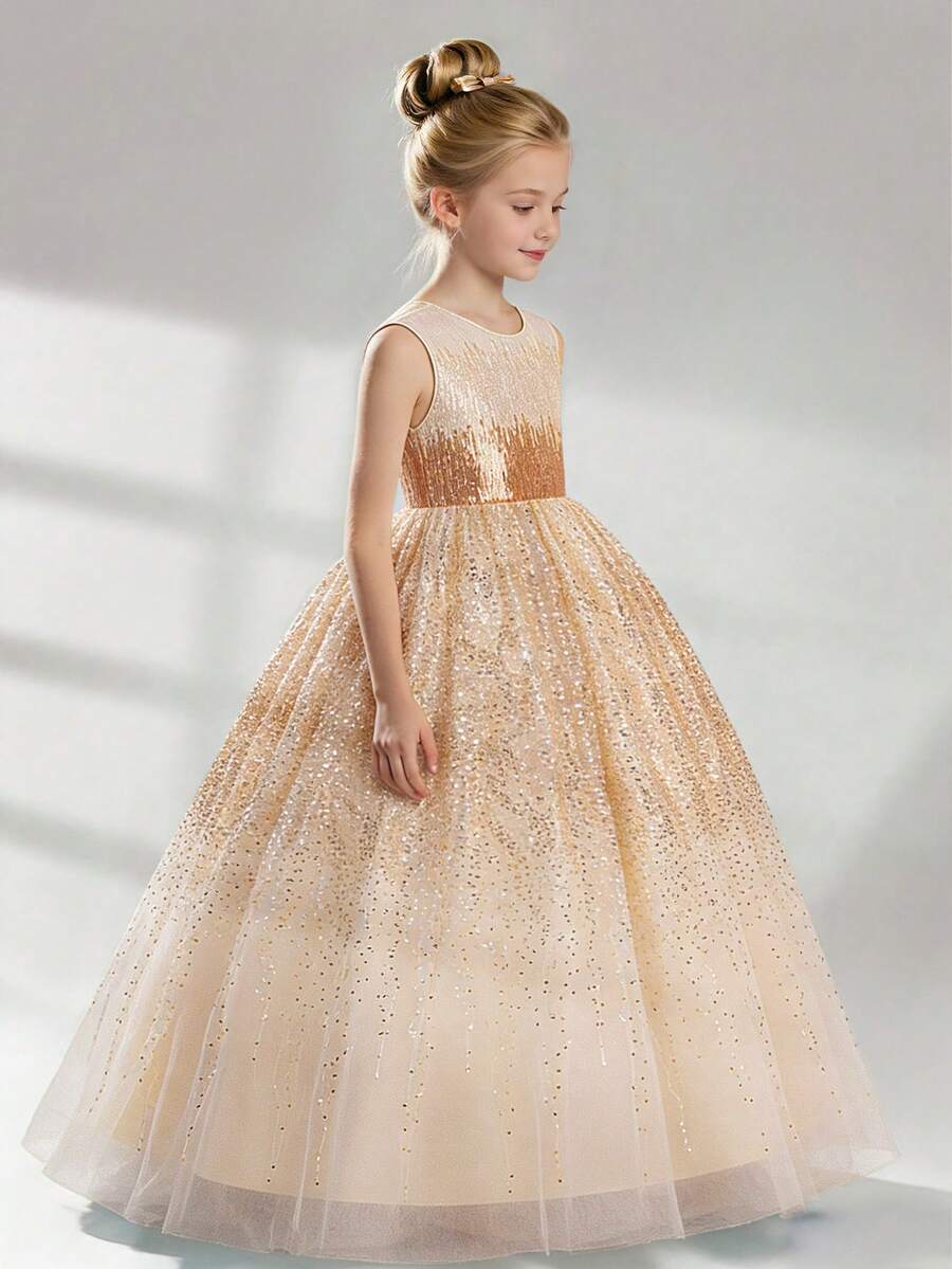 Abito da principessa lungo da festa per ragazze giovani con scollo rotondo, paillettes sfumate e rete, adatto per ballo scolastico, fascia per capelli non inclusa