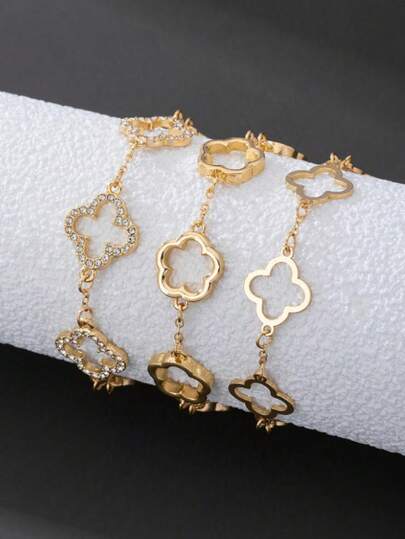3件套优雅镂空四叶草水钻装饰手链，经典百搭金色女士手链套装