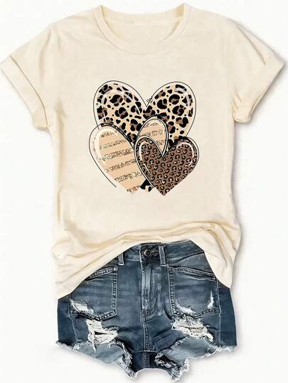 加大码短袖圆领T恤，豹纹爱心图案，常规版型，高弹面料