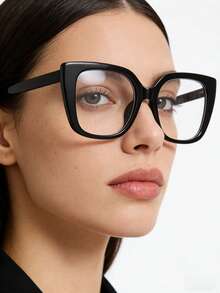 1副女士休闲复古方形大框黑色时尚素面眼镜，适合日常佩戴和街拍 - 黑色 - 查看 2