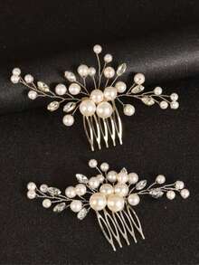 1pc Women's Elegant Handmade Pearl & Rhinestone Hair Comb, Suitable For Weddings, Parties, And Gifts - Multicolor - View 2