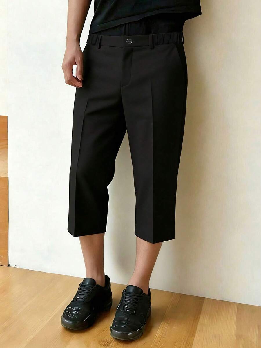Men's Black Straight Fit Button Waist Casual Shorts - Black - View 1