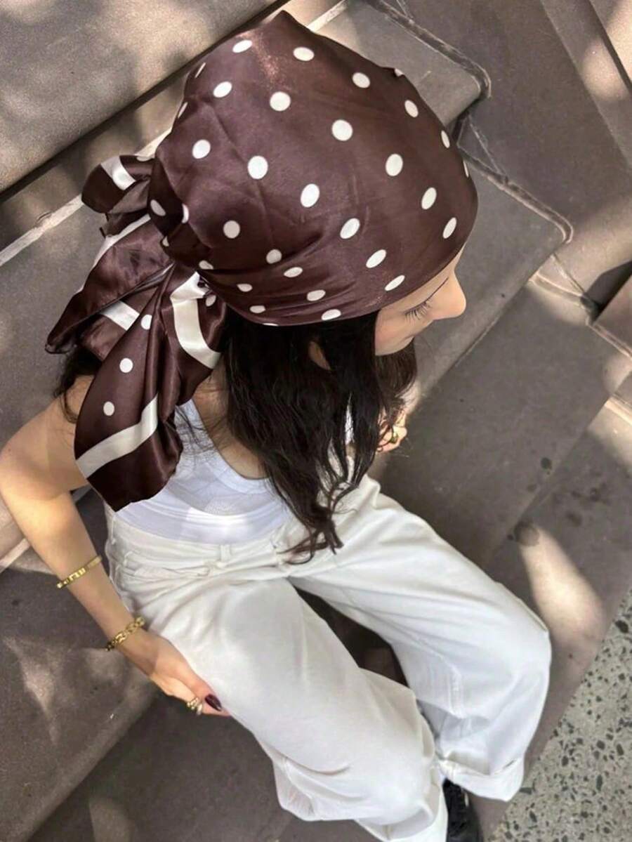 1条女士波点印花90厘米方形围巾/披肩，新款春季时尚真丝围巾头巾，户外经典防风披肩头巾，多功能腰带配饰，头带头饰时尚围巾 - 棕色 - 查看 1