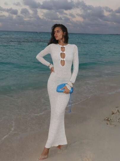 New Spring/Summer Lightweight Hollow-Out White Knit Cover Up Dress, Vintage Chinese-Style Button Decor At Chest, Bodycon Sexy Maxi Dress, Backless Design, Bohemian Style, Ruffle Trim At Sleeve Cuffs And Hem, Suitable For Beach Vacation, Pool Party, Yacht Party, Outdoor Activities, Holiday Trips