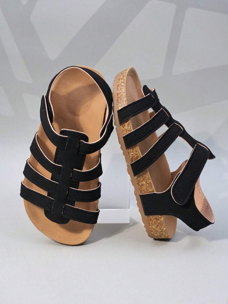 1 Pair Kids Gold Glitter Multi-Strap Hollow Out Comfortable Open Toe Buckle Strap Platform Fashion Sandals Birthday Party (Sole/Insole Color Random) - Black - View 1