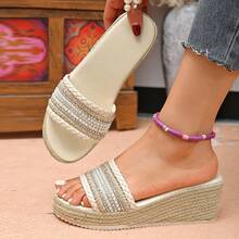 Women's Platform Slide Sandals, New Summer Fashion Thick Bottom Woven Linen Beaded One-Strap Beach Holiday Slippers - Beige - View 1
