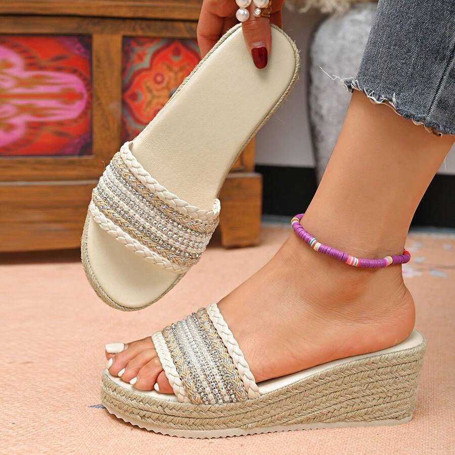 Women's Platform Slide Sandals, New Summer Fashion Thick Bottom Woven Linen Beaded One-Strap Beach Holiday Slippers - Beige - View 1