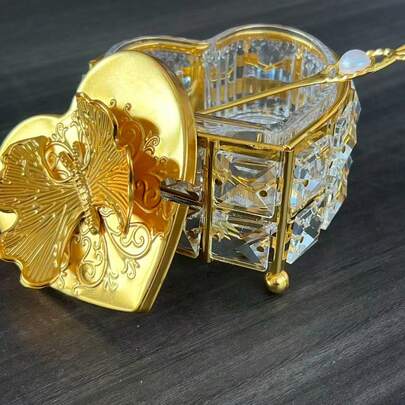 心形多面切割水晶水钻糖罐，配3D浮雕蝴蝶盖和珍珠装饰勺，奢华魅力玻璃糖罐，适用于咖啡吧、厨房台面和家居装饰