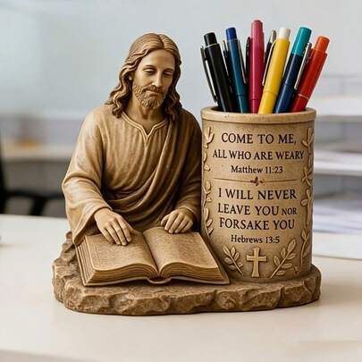 Personalized Pen Holder, Retro Pen Holder, Jesus' Pen Holder, And Bible Verses. Resin Craft Sculpture Pen Holder, Retro Ornament