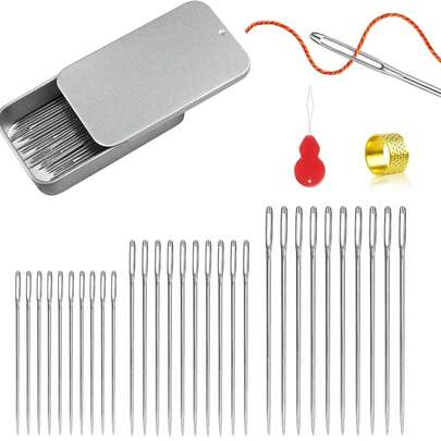 Bộ 30 kim may tay lỗ to - Thép không gỉ, hộp đựng bằng sắt có nắp đẩy kéo, dễ xỏ chỉ (3 kích cỡ, dụng cụ xỏ chỉ & cái đê bảo vệ ngón tay), dùng cho thêu, ch quilting, thủ công, vá, thêu chữ thập.