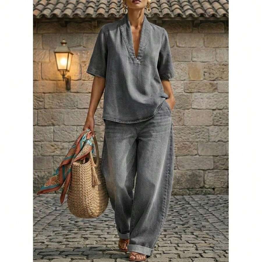 2026 European And American Summer New Women's Loose Casual Solid Color Comfortable Minimalist Denim Two-Piece Set,Trajes Elegantes De Mujer,Conjunto De Dos Piezas Mujer - 灰色 - 查看 1
