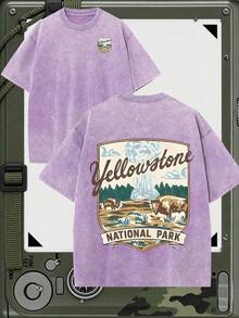 National Park Landscape & Text Graphic Printed Casual Style Women's Casual Wear 230g Washed Cotton Round Neck Short Sleeve Comfortable & Breathable Double-Sided Printed Tee For Summer High-Quality Design Anti-Wrinkle Cotton T-Shirt - Màu tím  Violet - Xem 6