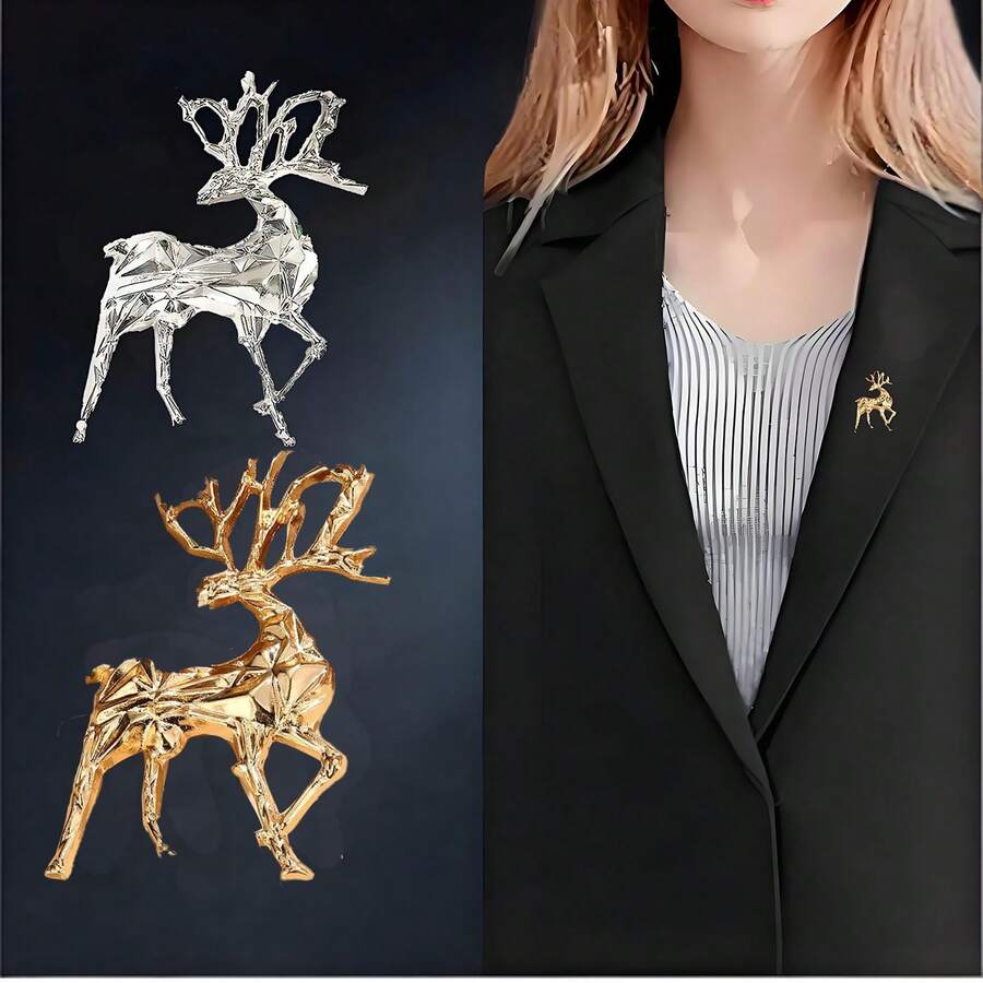 1件畅销3D鹿形胸针，简约时尚百搭圣诞金色多功能配饰 - 彩色 - 查看 1