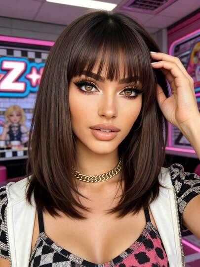 HAIRCUBE 16英寸长直发假发，带刘海，自然棕色（黑色和红色），高品质多色合成假发，适合日常佩戴，舒适优雅，特价优惠