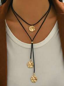 1pc Minimalist Vintage Black Cord With Geometric Circle Pendant Multilayer Y-Necklace, Suitable For Daily, Party, And Vacation Wear - Multicolor - View 1