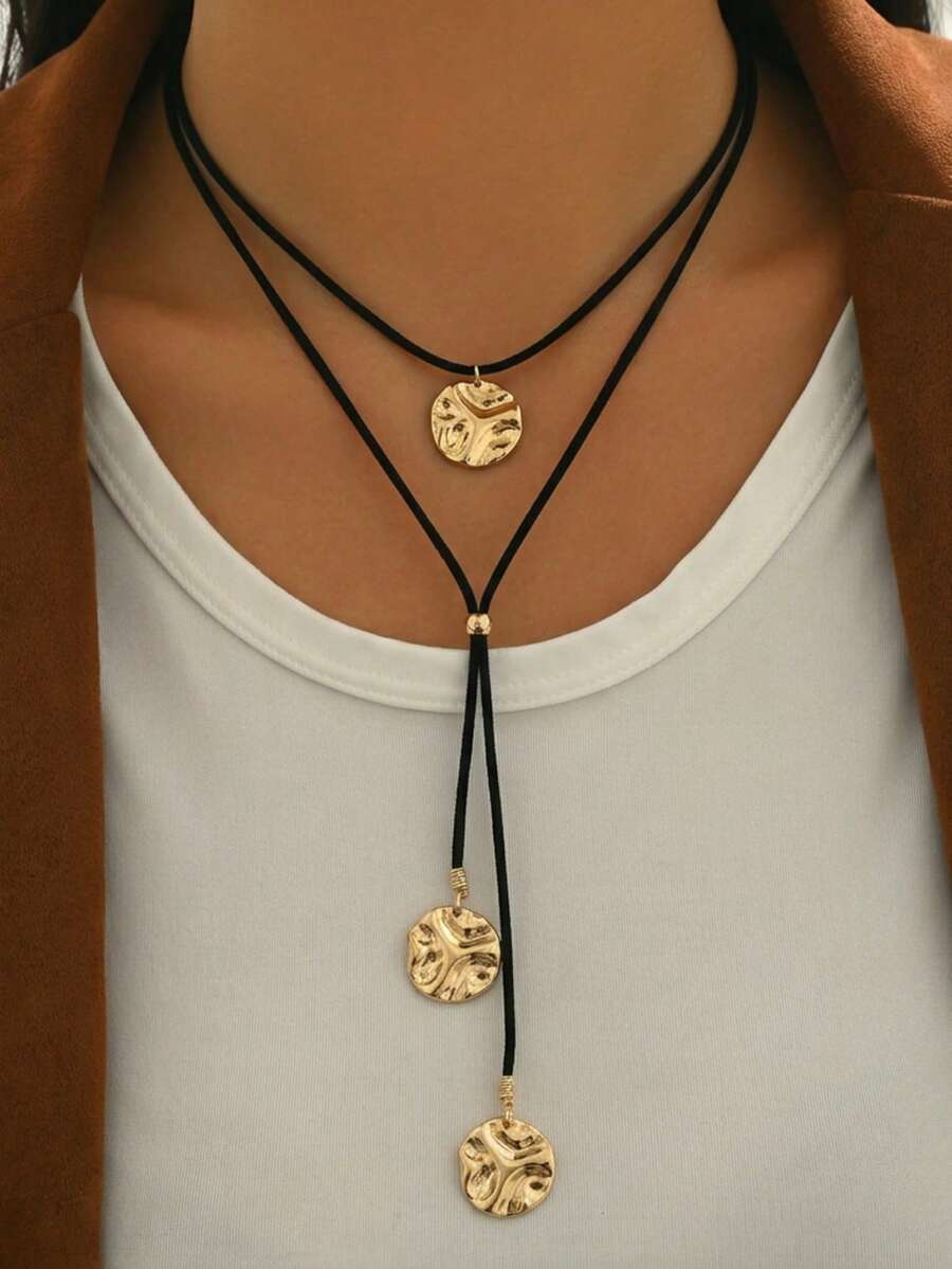 1pc Minimalist Vintage Black Cord With Geometric Circle Pendant Multilayer Y-Necklace, Suitable For Daily, Party, And Vacation Wear - Multicolor - View 1