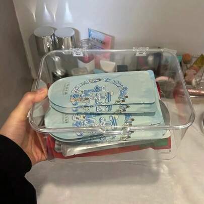 1pc Transparent Acrylic Desktop Storage Box With Lid, Dust-Proof Organizer For Cosmetics, Hair Accessories, Office, Bedroom, Dorm