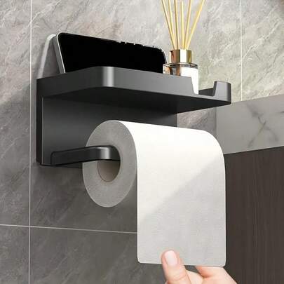 Giá treo cuộn giấy tự dính gắn tường kèm kệ đựng đồ - Màu đen bóng sang trọng, đa năng, dùng để đựng cuộn giấy, khăn tắm, điện thoại thông minh và đồng hồ.