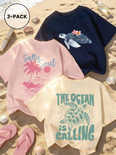 3pcs/Set Summer New Casual Sweet Sea Turtle, Coconut Tree & Letter Print Round Neck Short Sleeve T-Shirt, Fashionable & Versatile Women Tops