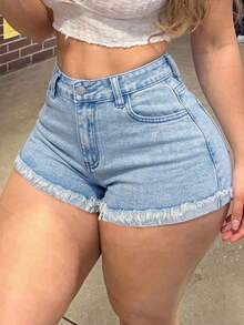 Women's Casual Light Wash Denim Mini Shorts With Frayed Hem & Pockets, Medium Stretch Straight Leg Summer Style - Blue - View 3