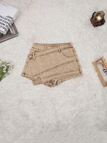 Rave Y2K Vintage Washed Overlapping Waist Asymmetric Hem Stretchy Fitted Cargo Denim Mini Skirt Pants Casual Summer - 棕色炸花 - 查看 5