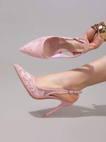 Fashionable Lace Embroidered Pink High Heels, Sexy Pointed Toe Evening Wedding Party Dance Stiletto Sandals For Women, Summer Shoes, Mothers Day Gift - Pink - View 6