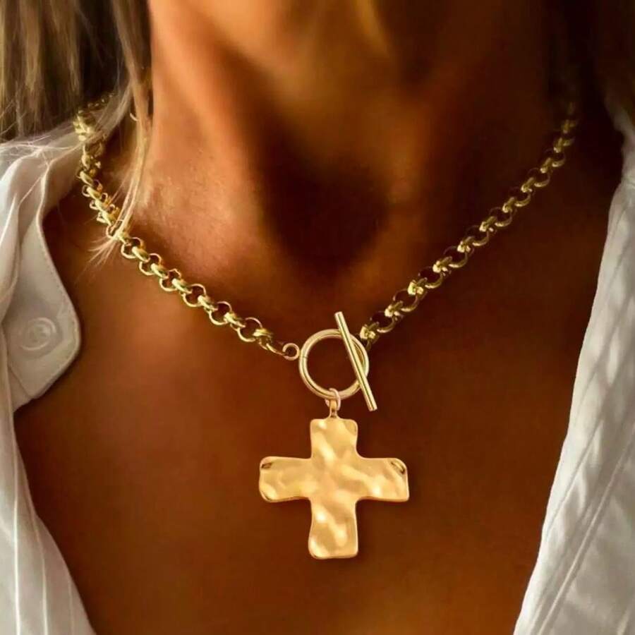 1 Peça Colar Minimalista e Elegante com Pingente de Cruz Martelado Grosso Dourado/Prateado, com Fecho em T e Corrente de Aço Inoxidável, para Mulheres - cruzar - Visão 1