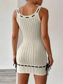 Bohemian/Vacation Style Women's Standard U-Neck Sleeveless Knit Slip Dress, Summer White Spring - White - View 4