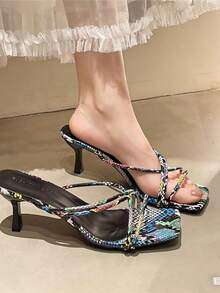 Women's Snake Skin Stiletto Slide Sandals - Square Toe Stilettos Design, Summer Fashion High Heel Mules, Suitable For Party And Daily Outfit, Fashionable And Versatile, Pairs Well With Dresses - Color - View 4