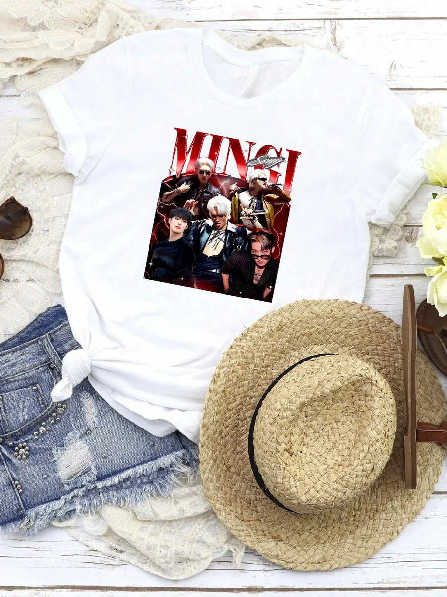 T-shirt femme imprimé Édition limitée Mingi Kpop T-shirt vintage rétro années 90 Bootleg Merch, manches longues ou courtes - Blanc - Voir 1