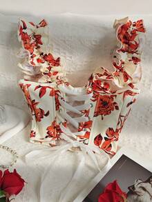 Orange Floral Print Ruffle Strap Corset Top - Orange - View 5