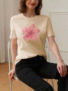 1pcs Plus Size Women's Loose Fit T-Shirt, Printed With Watercolor Pink Hibiscus Flowers, Perfect For Tropical Vacations, Beach Dates, Summer Parties - 杏色 - 查看 19