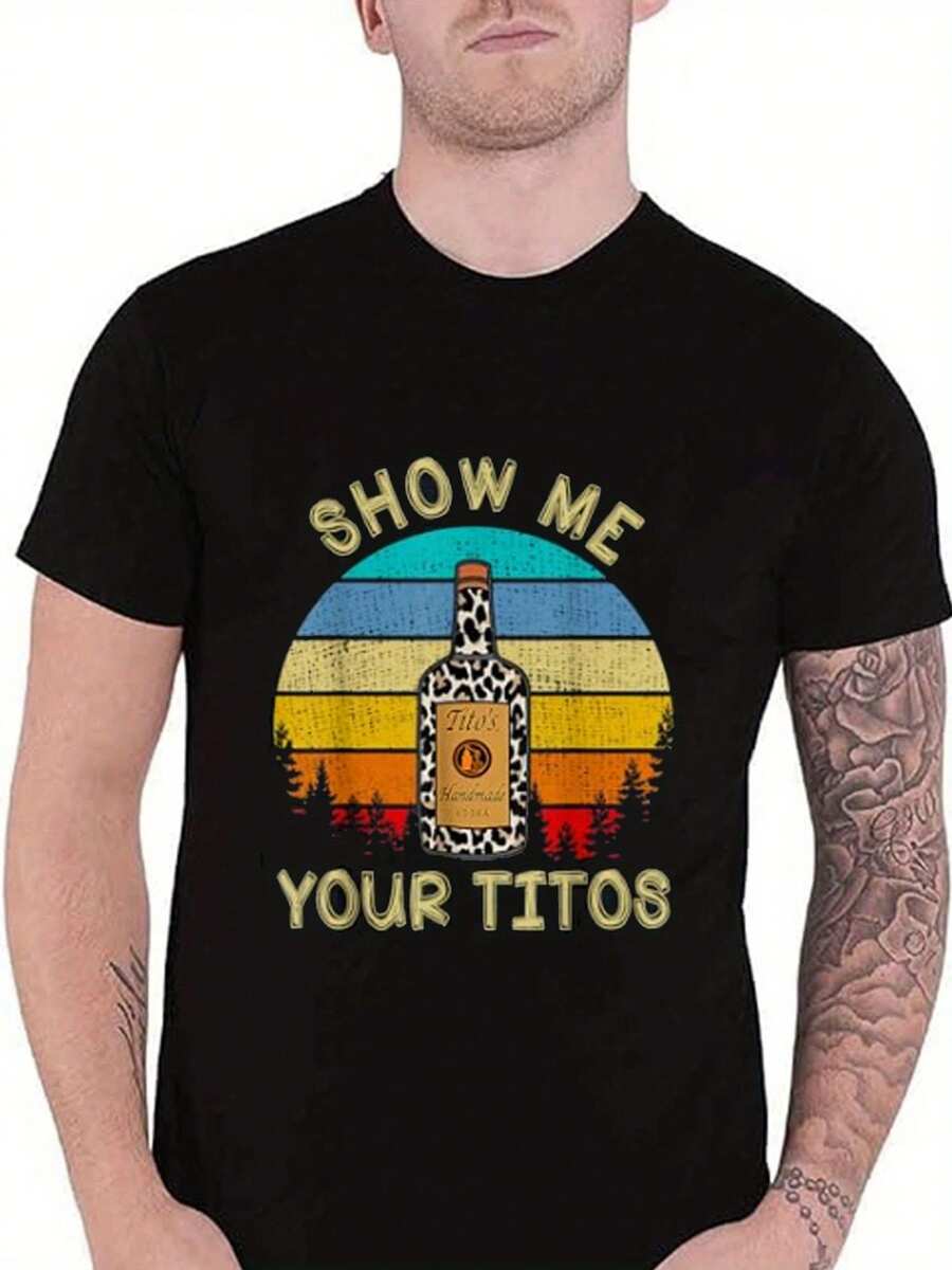 Selected 180g All-Cotton Print, Show Off Your Titos Men's Printed Classic Fit Text Novelty Retro T-Shirt Pattern, Vintage Casual Breathable T-Shirt - 黑色 - 查看 1
