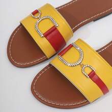 Women's Fashion Summer Sandals, Yellow-Red Color Block/Black-White Color Block, Rhinestone D-Buckle Flat One-Strap Slides, Casual Beach Slippers, Minimalist Versatile Outdoor Flip Flops - Yellow - View 5