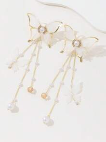 1 Pair Elegant Butterfly Tassel Rhinestone Earrings, Designed For Parties, Vacations And Events - White - View 3