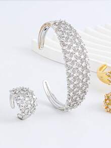 简约锆石手链戒指套装，百搭且适合所有人 - 立體幾何紋理 - 查看 5