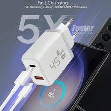 45W Type-C Super Fast Dual Port Charger, PD 3.0 Protocol, Compatible With Galaxy S24/S23/S22/S21 Ultra/S20/S20+/Note 20/10/9/8/A73/A53/A52 And 17/16/15 Series, White, Includes 2M USB-C Cable - EU C Type Plug(220-240V) - View 7