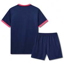 2pcs Personalized Football Jersey Set - Customizable Team Name, Number & Logo Print Short Sleeve T-Shirt + Shorts Sports Outfit. Best Gift, Suitable For School/Competition. - Navy Blue - View 4